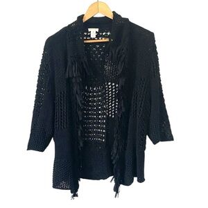 Chicos Crocheted Black Open Front Sweater With Fringe 3/4 Sleeves Womens 2 or L